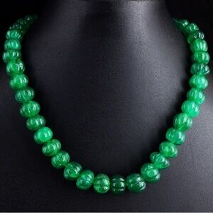 Stunning! 454 Cts Natural Carved Melon Green Onyx Necklace • Handstrung